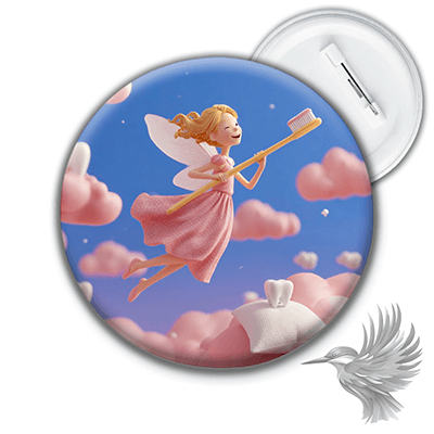 Tandfe badge til børn med en glad tandfe i lyserød kjole, svævende over skyer og tænder.