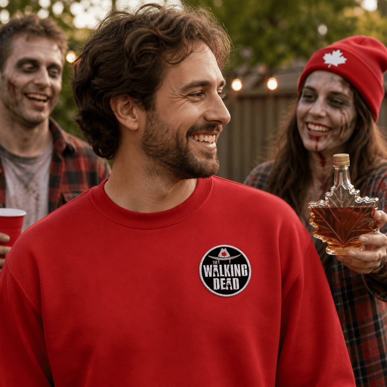 The Walking Dead Canada patch på rød sweatshirt ved glad temafest
